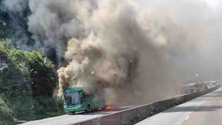 Vídeo: Ônibus da Graciosa pega fogo na BR-277, em Morretes